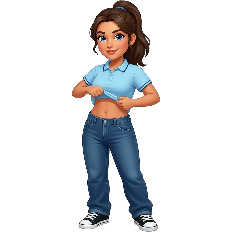 Hispanic woman with brown ponytail and blue eyes light blue dark blue lined polo and dark blue baggy jeans and belly button and black and white sneakers lifting her shirt funny belly trick emoji
