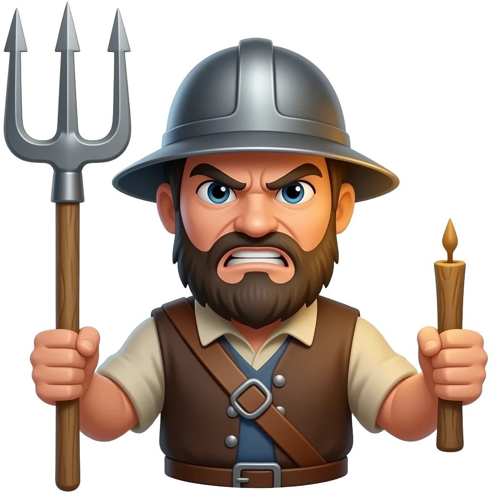 Angry peasant with a pitchfork on one hand and a torch on the other. Make it focus on just head and shoulders while still showing the top of the pitchfork and torch. emoji
