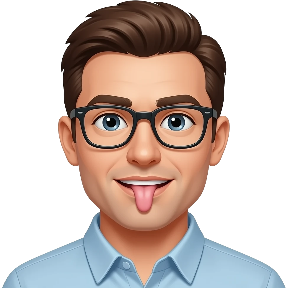 Brown hair guy with glasses with penis in mouth emoji