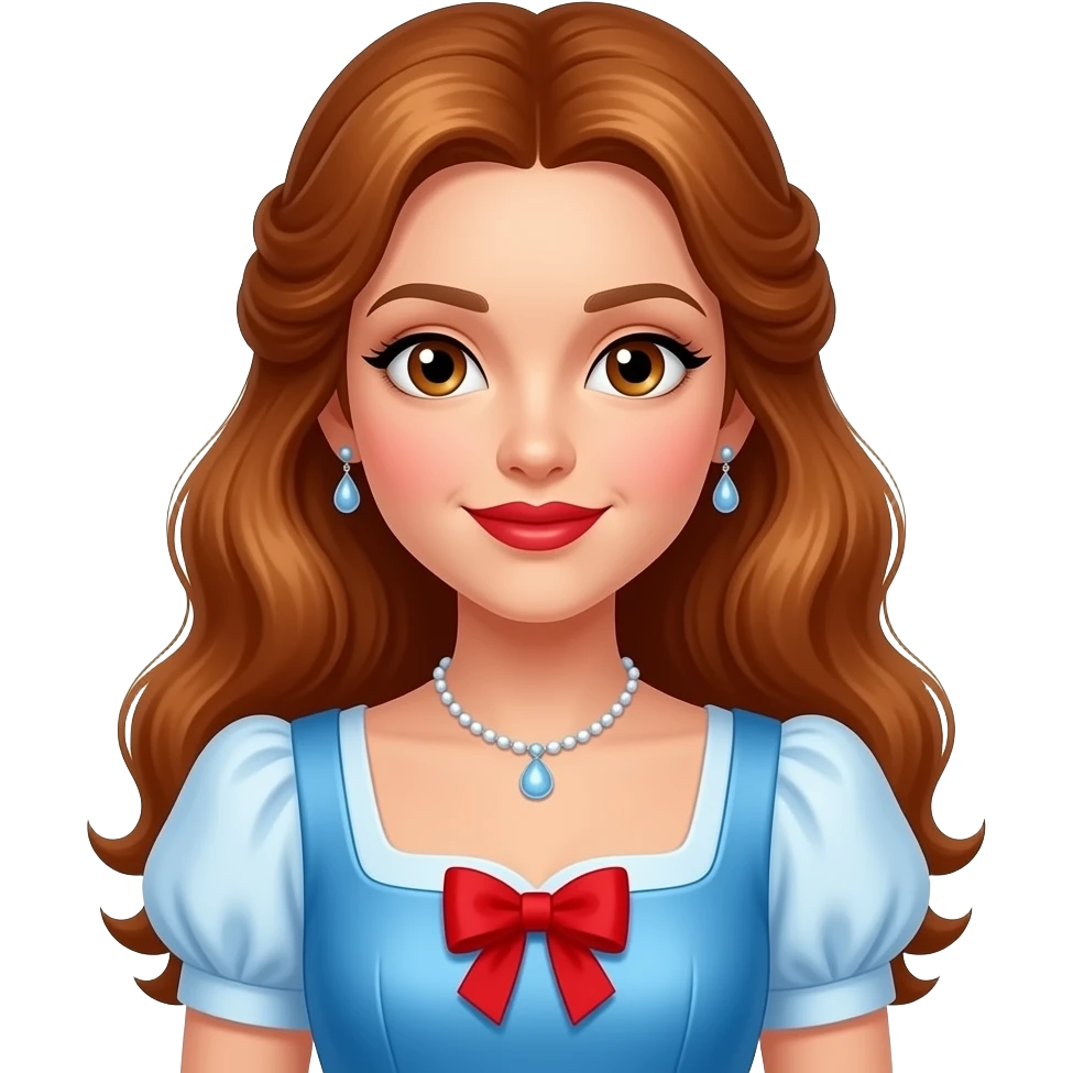 Dorothy Gale from The Wonderful Wizard of Oz with brown eyes, long reddish brown hair, white eyeshadow, red lipstick, baby blue metallic sweetheart sleeve dress, red bow, white necklace and earrings emoji