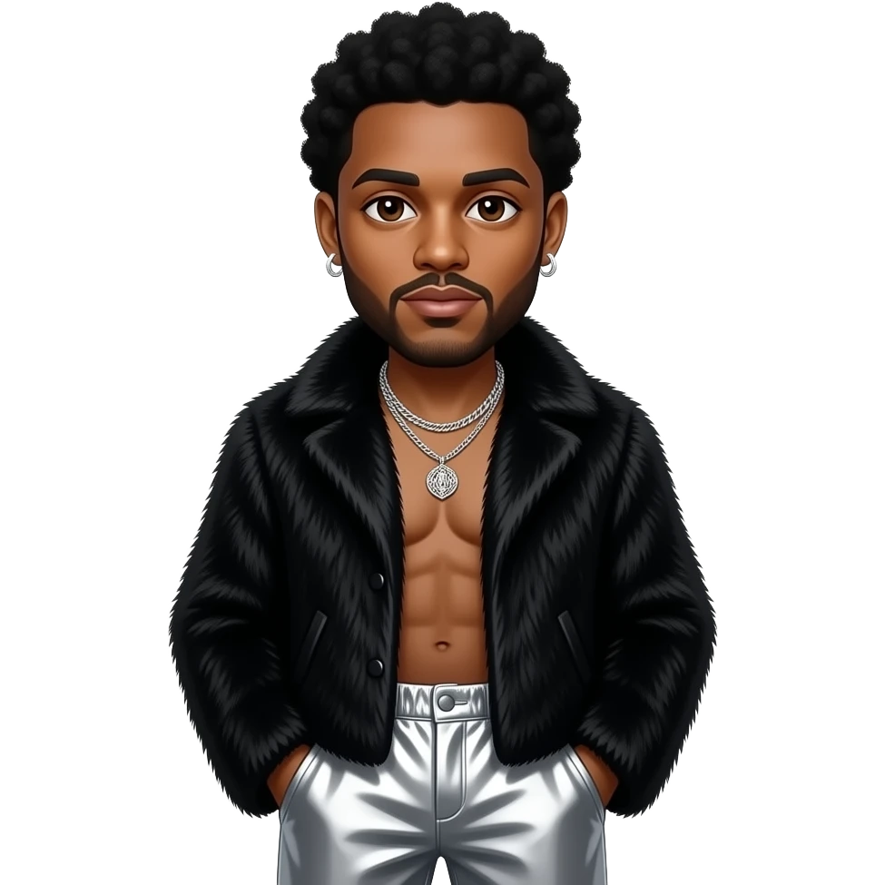 The Weeknd with dark brown eyes,  black afro hair, black fur coat, ebony chrome baggy pants, shirtless with necklace and earrings emoji