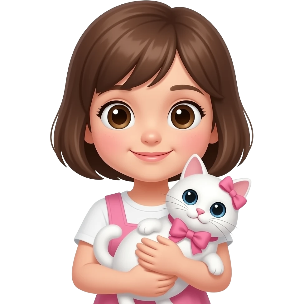 Girl holding a white cat with a pink bow emoji