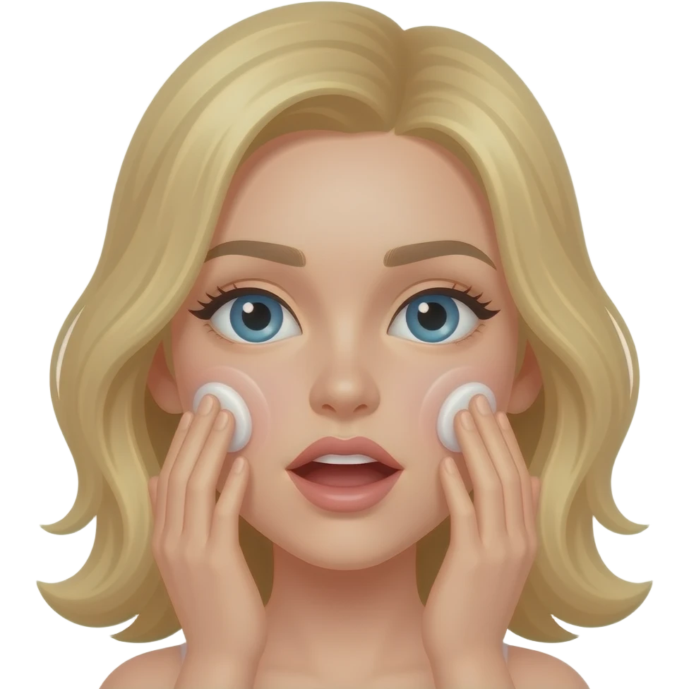 Automassage sur les deux joues, fille cheveux blond, vu de proche, bouche entrouverte emoji