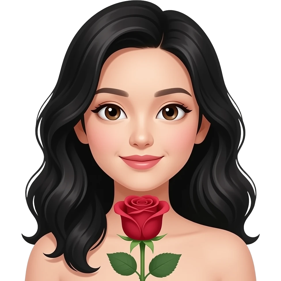 Mujer asiática recibiendo una rosa, que la chica sea piel muy clara, cabello ondulado y negro y con ojos asiáticos emoji