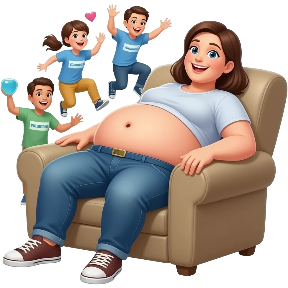 A female giant rests on a recliner sofa,with friendly gentle manner she hangs out her overfed rotund exposed belly,so the volunteer admirers can use the girl’s bouncy belly to do some jumping on like a jelly trampoline,The female giant giggles because her bellybutton is ticklish. emoji