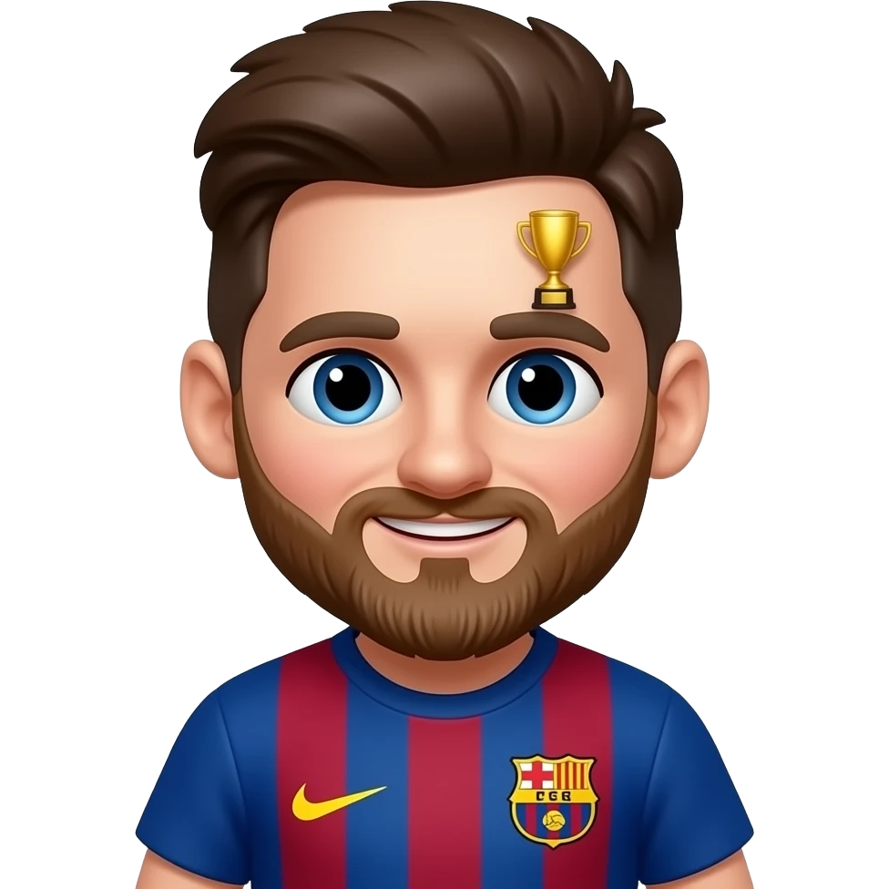 Create a 3D chibi Messi emoji, chest-up portrait only, mobile-game style, one extremely tiny identical golden trophy hidden near the eyebrow area emoji