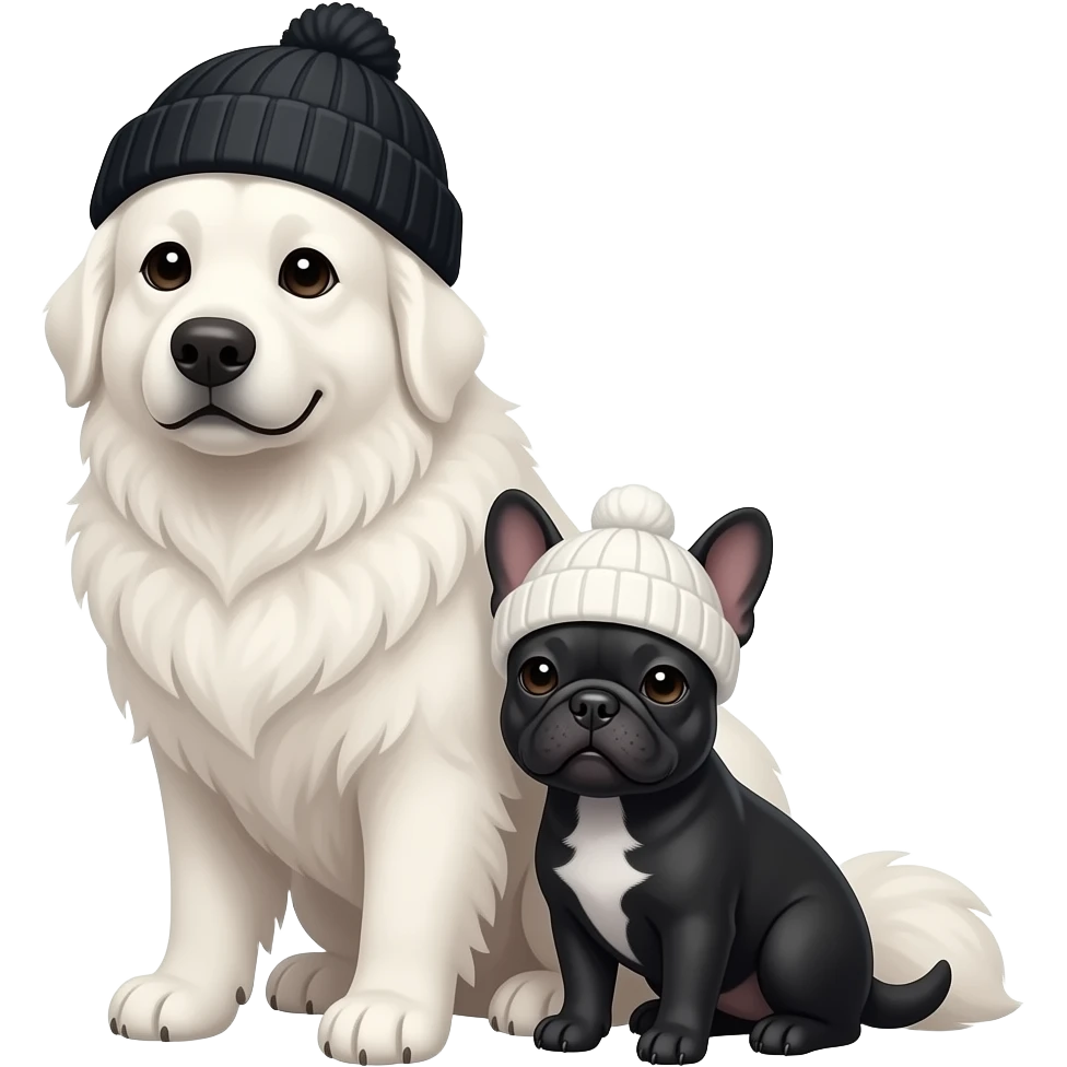 all white giant Great Pyrenees dog wearing a black beanie with small black Frenchie wearing a white beanie snuggling with the other dog emoji