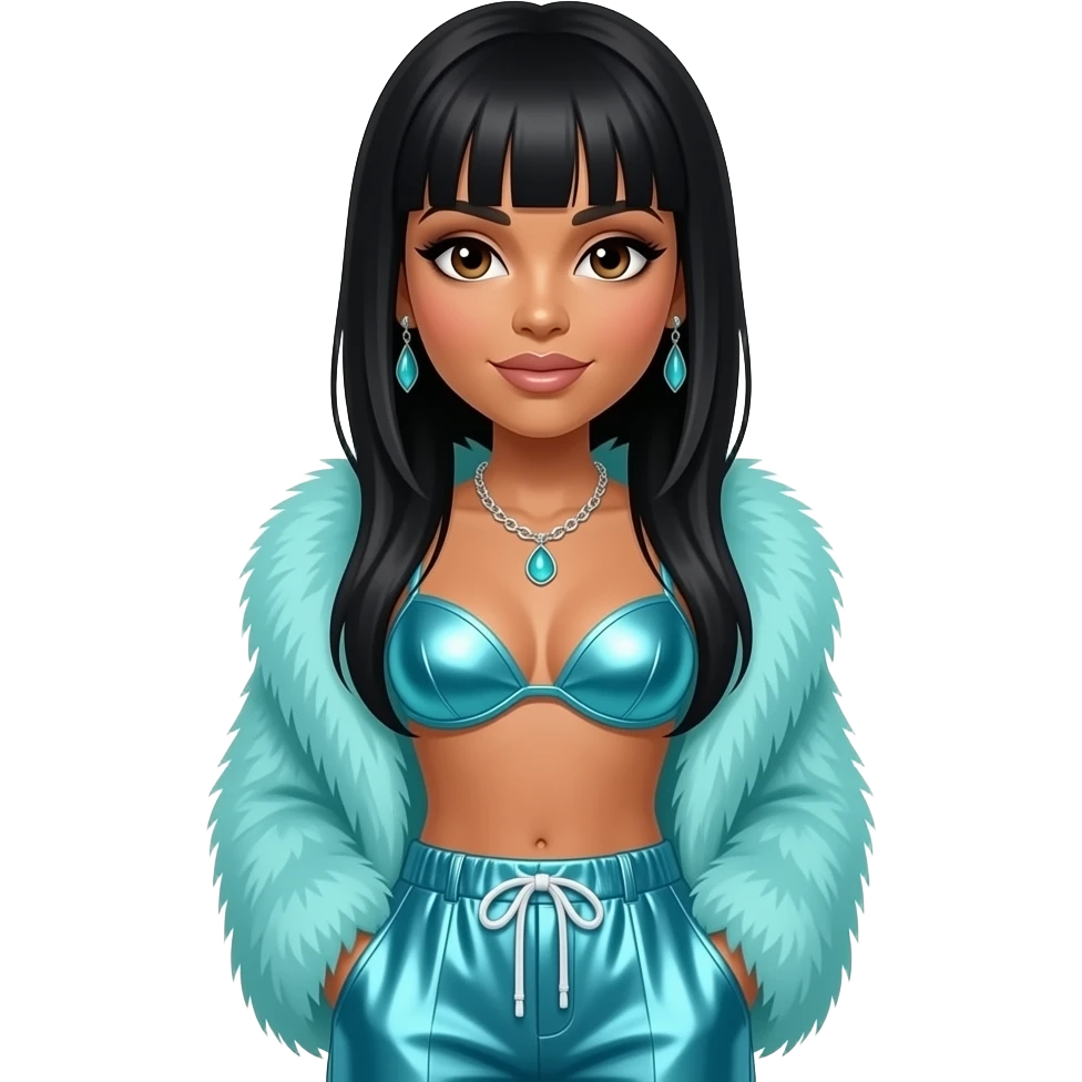 Cher, Pop Singer with dark brown eyes, long black straight hair, cyan fur shawl, turquoise metallic bra, turquoise metallic baggy pants, necklace and earrings emoji