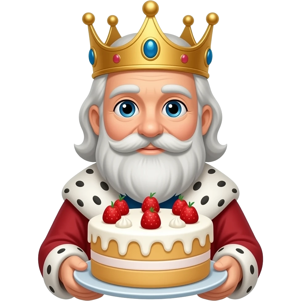 Old man with beard and crown holding a cake emoji