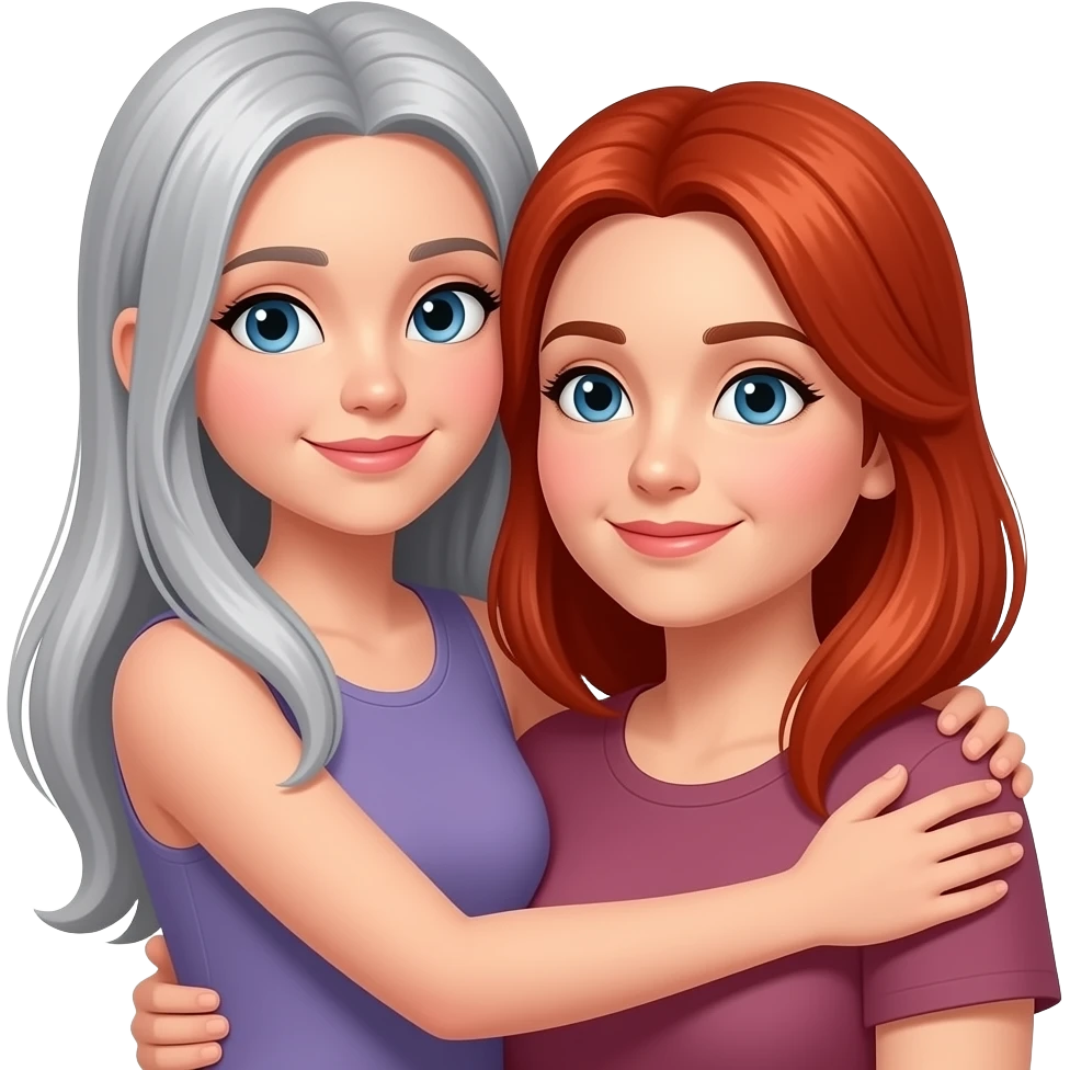 tall grey haired girl, red head mother, hugging emoji