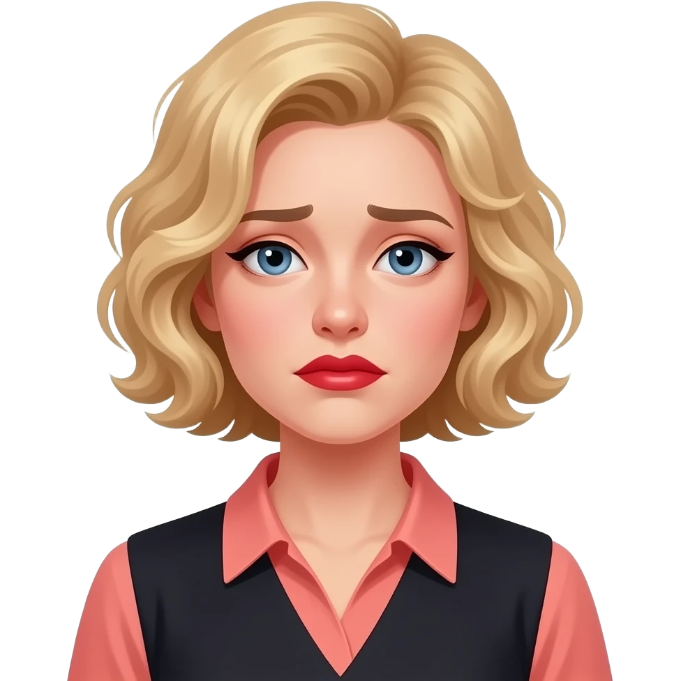Short curly blond hair side swept with a sad face, red lipstick and peach and black blouse emoji