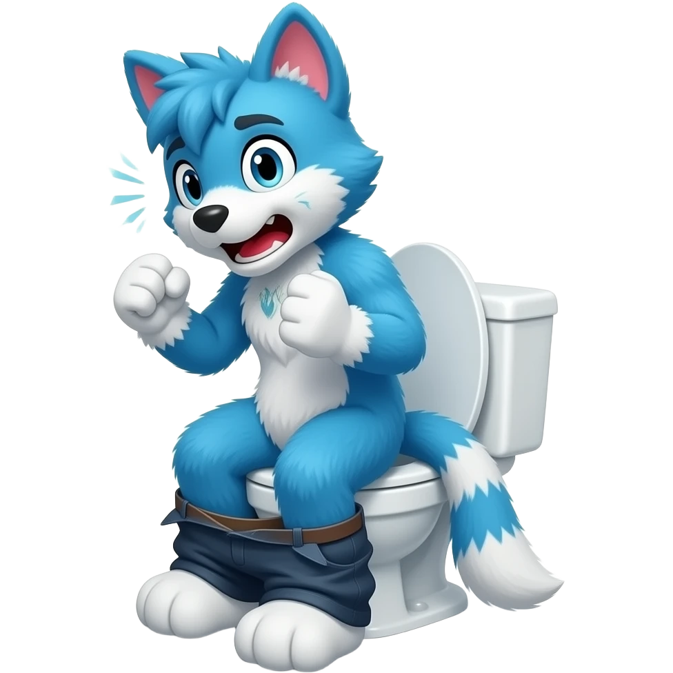 blue fursuit sitting on toilet, side view, pants down, straining, red face, both fists emoji