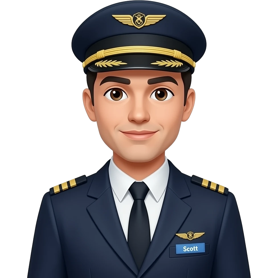Male entire Body Pilot w blazer Black hair white skin brown eyes with hat and name badge under wing badge “Scott”f emoji
