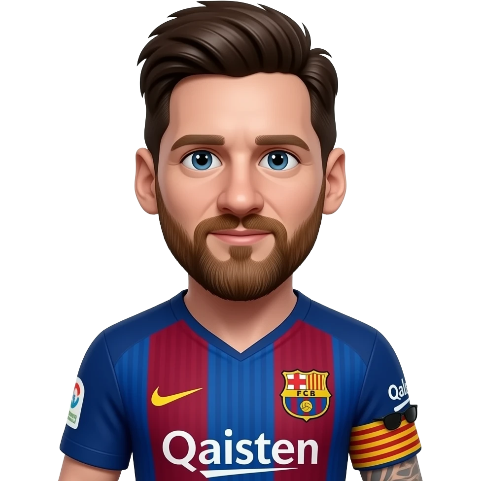 Messi-inspired 3D emoji, full Barcelona jersey, 1 tiny black sunglasses near right sleeve. emoji