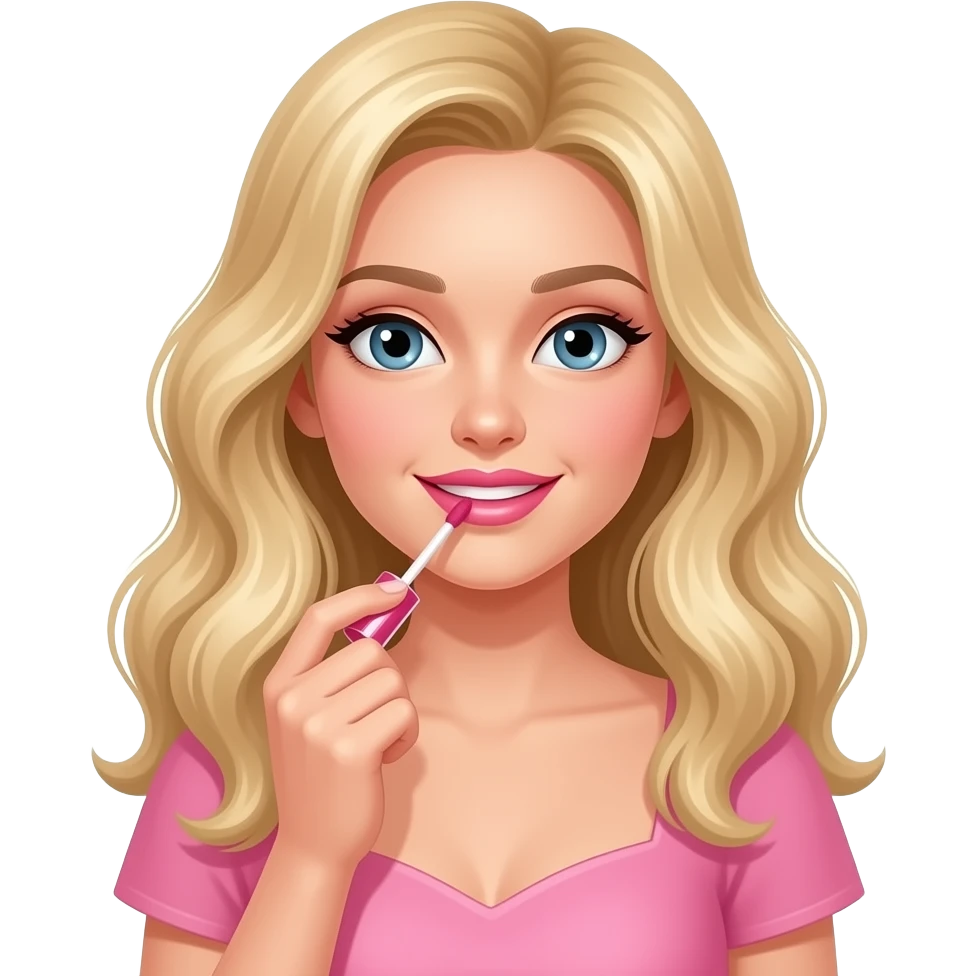 A girl with blonde wavy hair putting on pink lip gloss with a pink dress on emoji