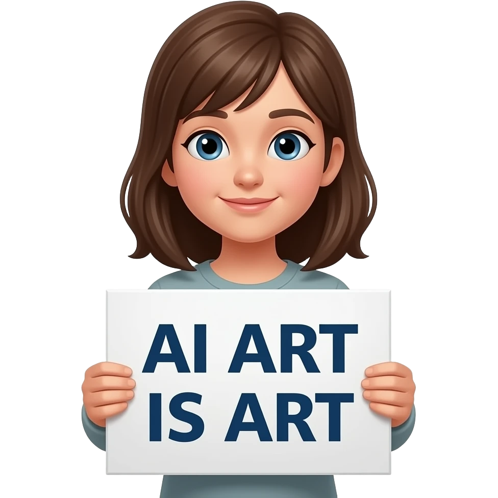 girl holding sign that says "AI ART IS ART" emoji | AI Emoji Generator