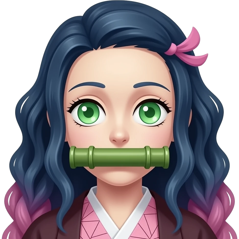 Que se parezca a Nezuco de Demon Slayer pero con los ojos verdes el bambú en la boca y pelo azul emoji