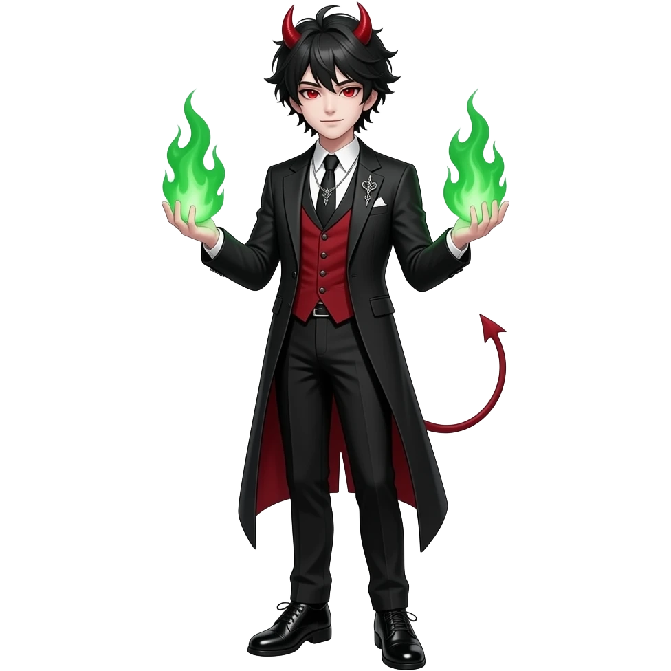 young demonic man with messy black hair, white skin, red eyes, in a gothic style suit with black pants and black, gothic-style shoes, and green fire in his hands emoji