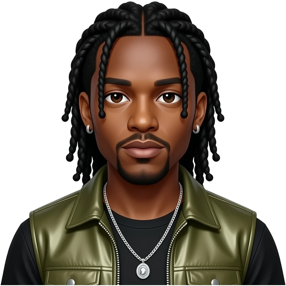 Sean Paul with dark brown eyes, long black cornrows, olive metallic vest, necklace and earrings emoji