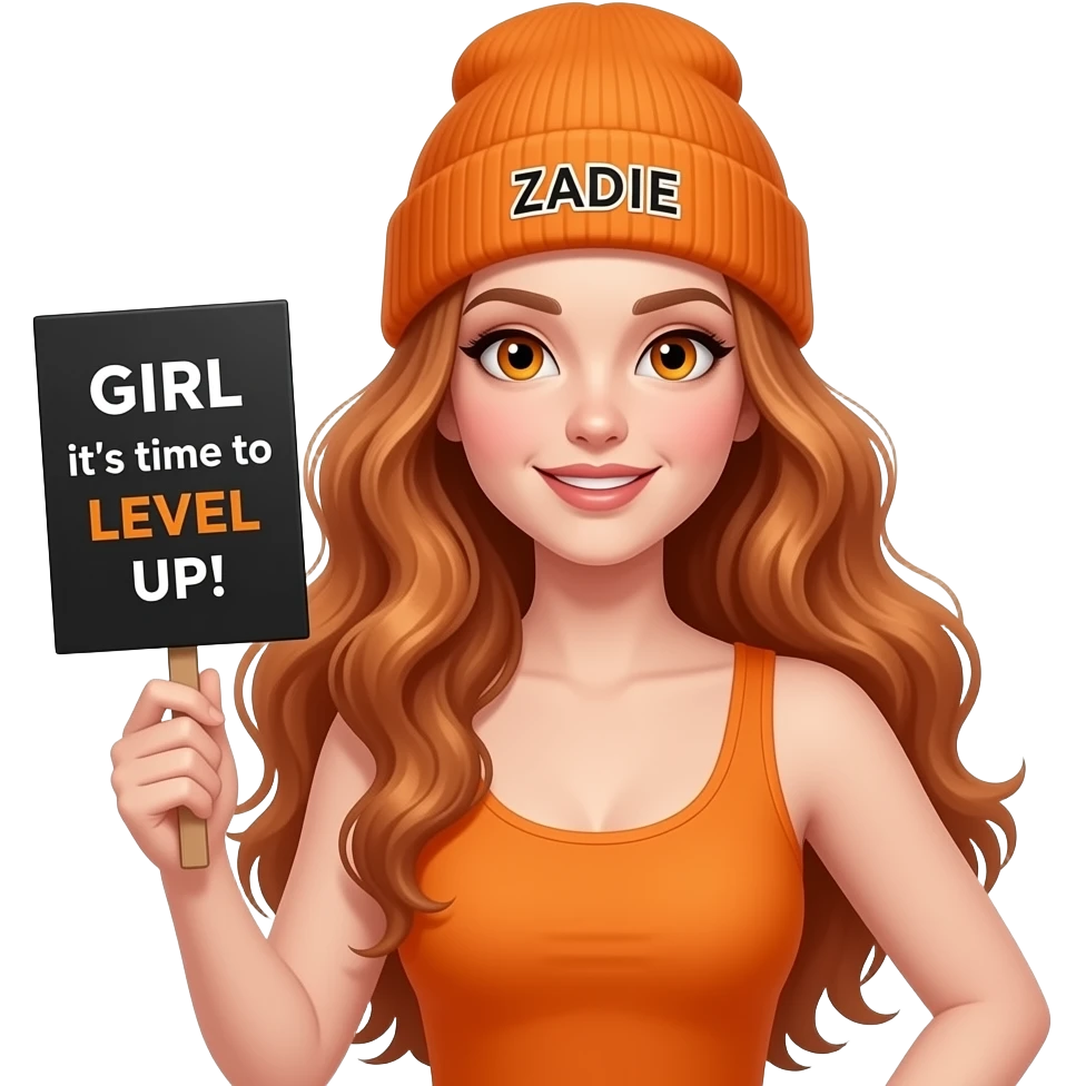 sexy girl with overlong wavy ginger hair and ginger eyes wearing a orange tanktop and a orange beanie with ZADIE written on it, is holding a black sign with GIRL it's time to LEVEL UP! written on it emoji