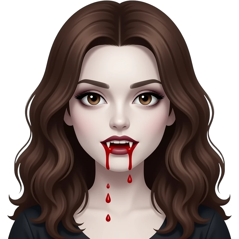 A vampire girl with long wavy brown hair, fangs, and blood dripping from her mouth and with a little blood on her face, a somewhat dark appearance with pale skin and not very pronounced dark circles under her eyes, in the style of iOS 16. emoji