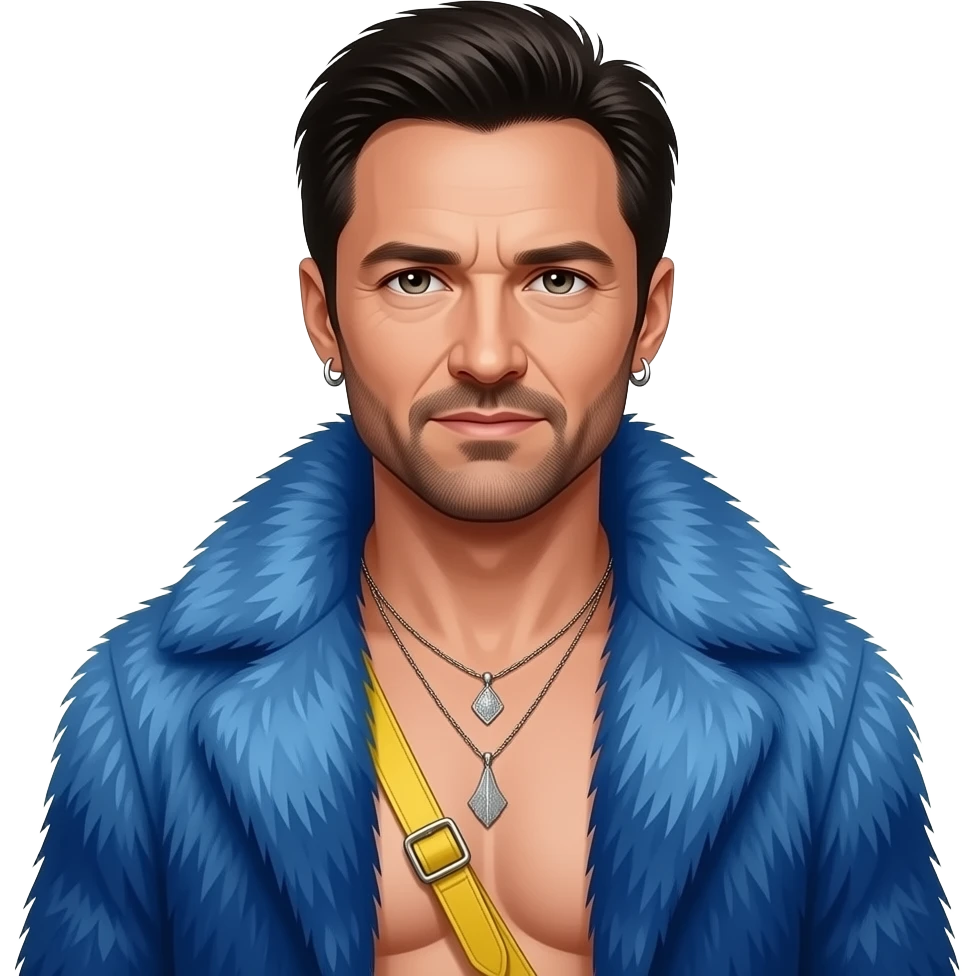 Hugh Jackman with hazel eyes, black hair, blue fur shawl, yellow metallic baggy pants, shirtless with necklace and earrings emoji