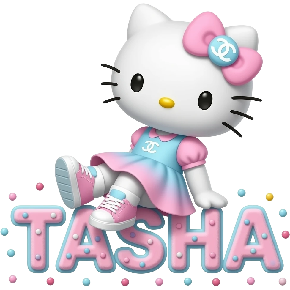 4D Velvety fur hello kitty wearing ombre white and blue and pink ombre pastel colored dress and sneakers, and with the Chanel symbol on her ombre pastel bow sitting sideways leaning back on top of the velvety 3D outlined letters TASHA surrounded with tiny ombre pastel dots made of candy emoji