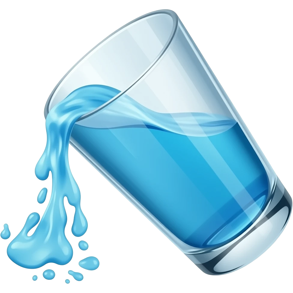 glass with liquid turned down, overflowing, blue water emoji