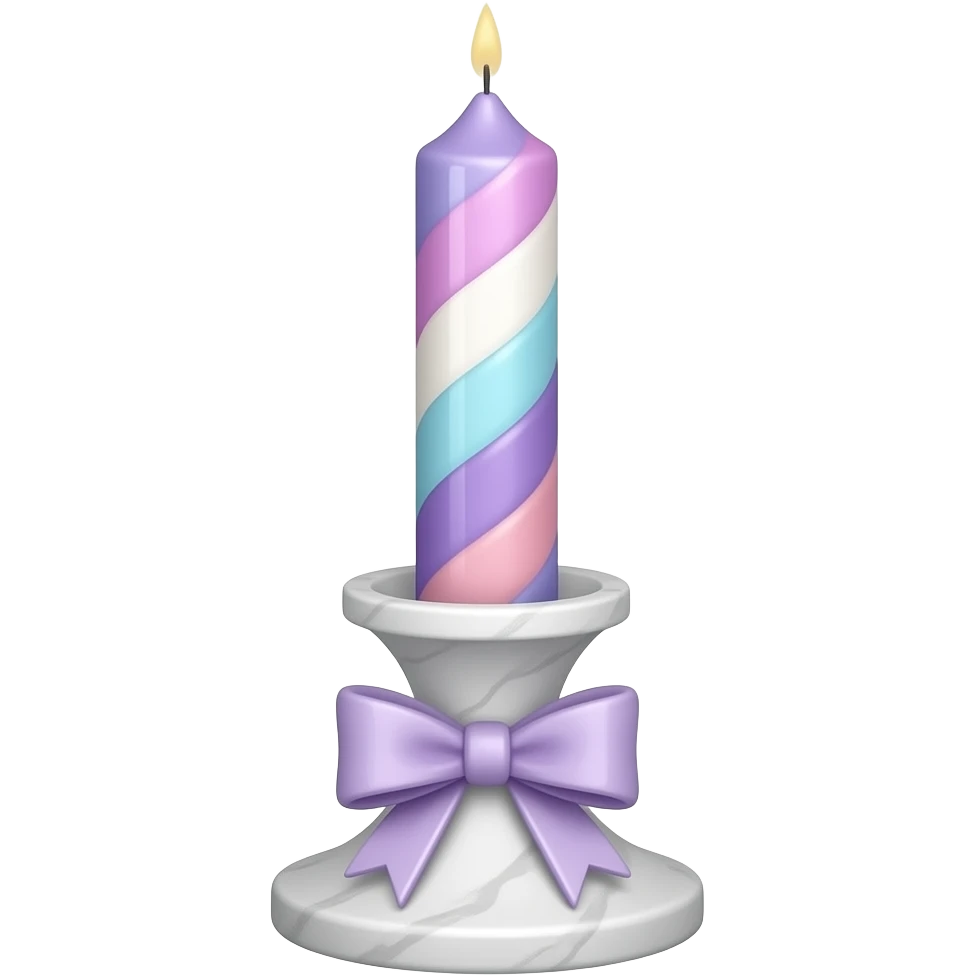 glossy soft smooth  short cute neat petite cute slim dainty narrow Pastel violet vintage candle on a white marble-candle-holder-stand, bow tie, light-blue, pink, white, pastel purple emoji