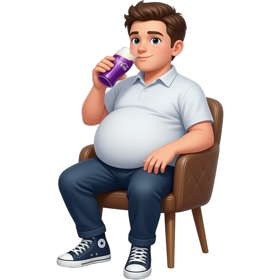 chłopak 15 latek z super super super super super super super super super super super super super super super super super super super super super super super ekstremalnie max ogromny brzuch niego brzuch ma kształt jak duża kula elegancko ubrany sieci na krześle i pije fioletowe Coke-beer emoji