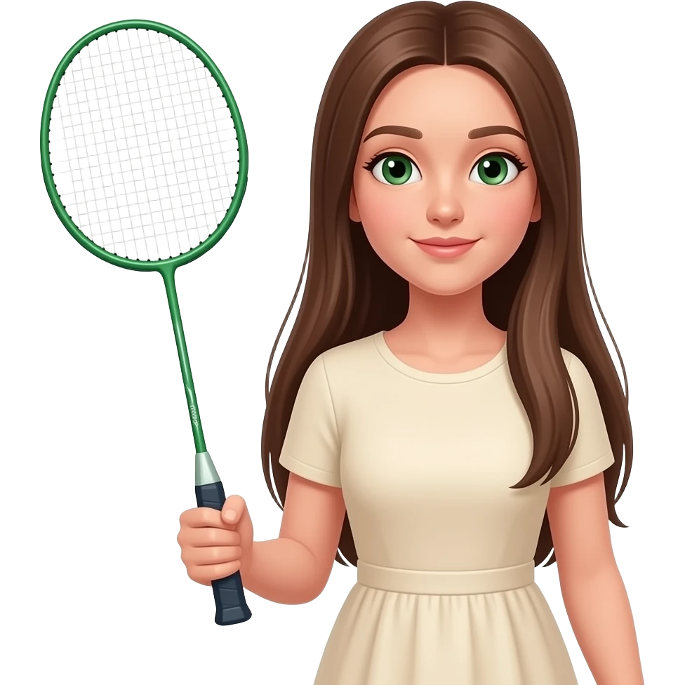 a closeup picture of a 24 year old girl in a cream dress with long straight brown hair and green small eyes and a bagminton green racket naturally in hand emoji