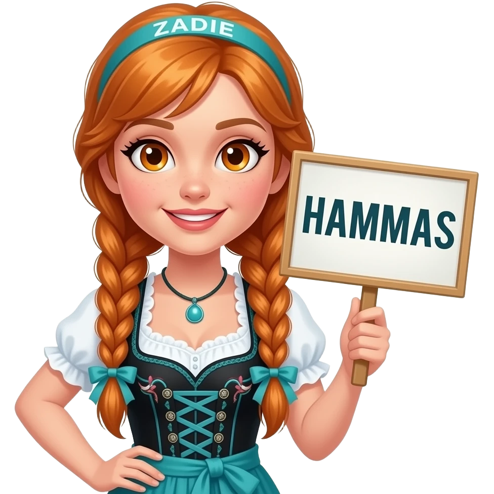sexy girl with overlong ginger braids and ginger eyes wearing a black turquoise dirndl and a turquoise headband with ZADIE written on it, is holding a sign with HAMMAS written on it emoji