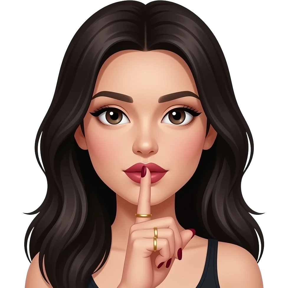 Luxury 3D art, beautiful female lips and face framed by long dark hair. Index finger is pressed vertically to the center of the lips in a shh gesture. Dark burgundy nails, gold rings, black background emoji