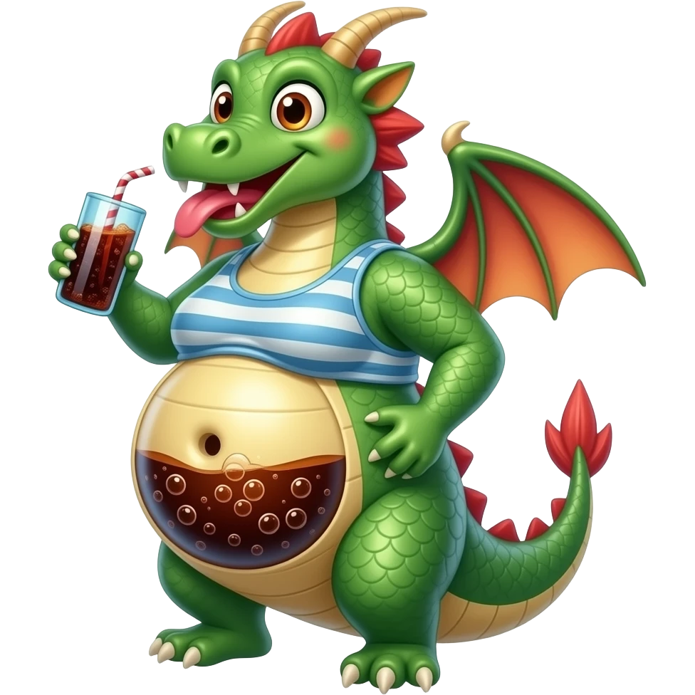 A female eastern dragon,drank too much at the soda games,now she turns into a overinflated water balloon,she is so bloated that her bellybutton pops out into an pregnancy outie,the soda bubbles a lot making a rumbling noise inside her obese tummy,she can not stop burping loudly. emoji