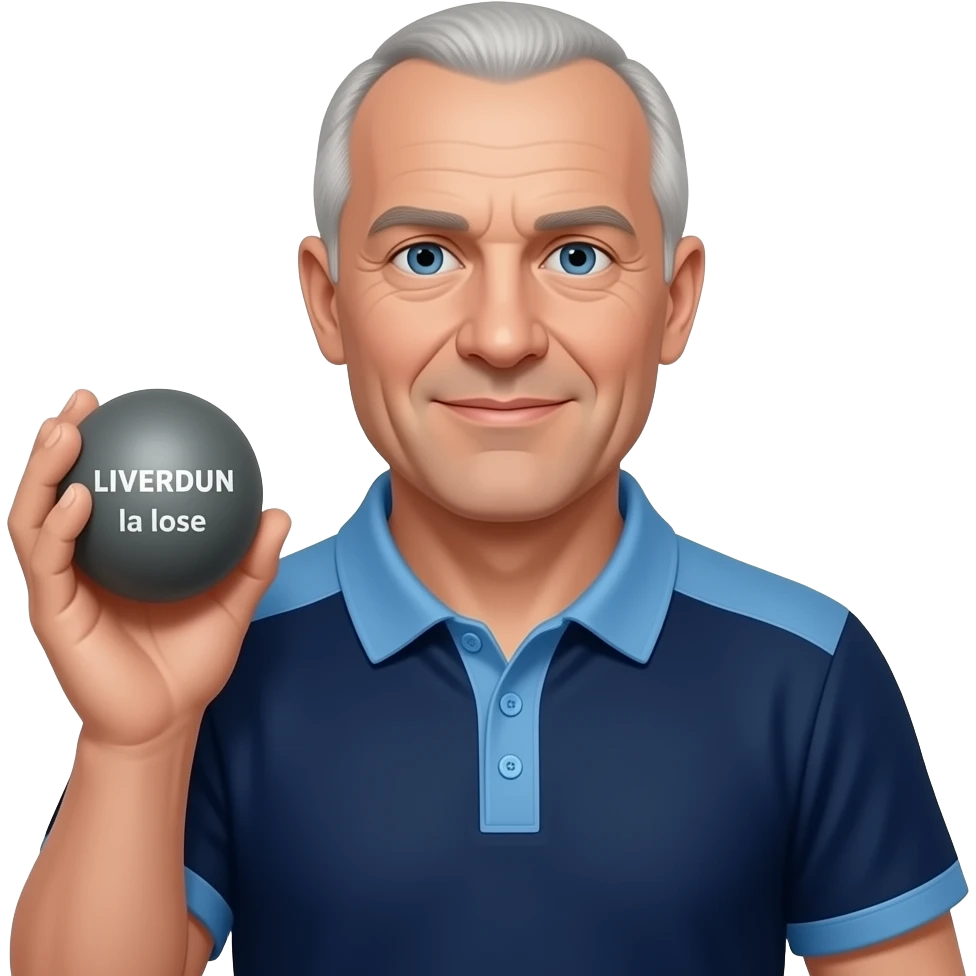 tête homme 60 ans yeux bleus sans cheveux avec boule de pétanque grise à la main sur maillot bleu foncé avec col trois boutons bleu clair et avec épaules seules bleu clair coté bras bleu foncé droit Pétanque LIVERDUN, côté gauche "Paulo la lose"" emoji