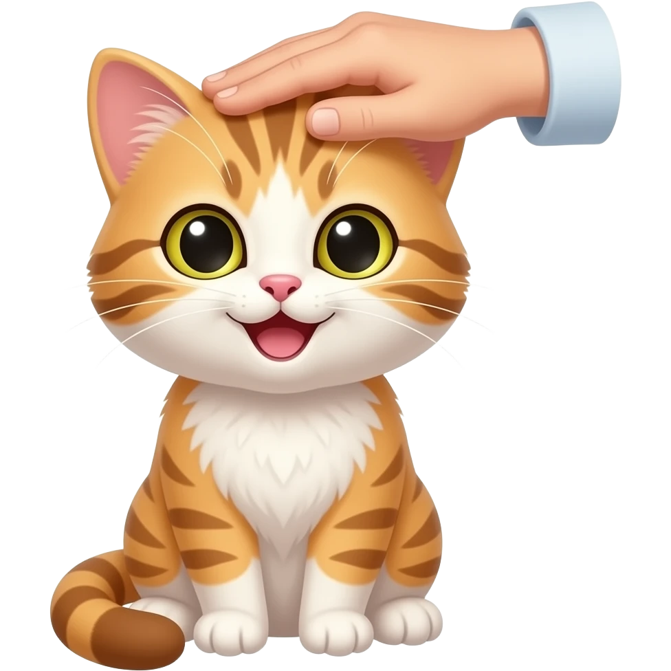 앉아있는 아기 고양이 머리 손으로 쓰다듬기, 고양이는 행복해하는 표정 emoji