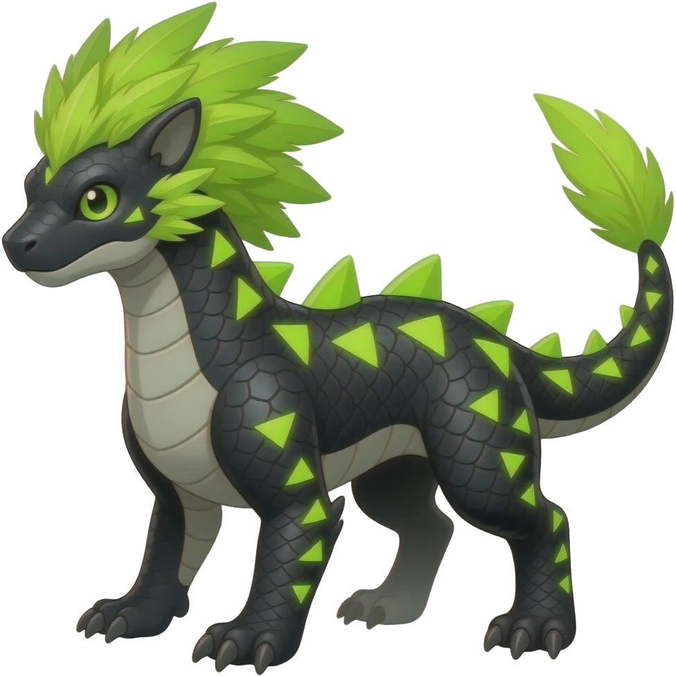 Cool edgy ancient black-scaled with neon-colored triangular stripe markings digitigrade bipedal vintage futuristic raptorik fantasy-Cyberpunk-Steampunk-Solarpunk-Genesect-Salamence-Tyranitar-Vernid-Fionbri-Fakémon-animal-hybrid, with neon-green feather-mane, and a tail blade, back spikes, full body emoji