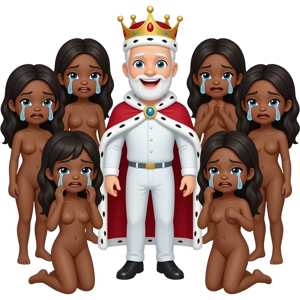 A white king in middle laughing and multiple naked black girls around him crying(shoe naked bodies of girls) emoji