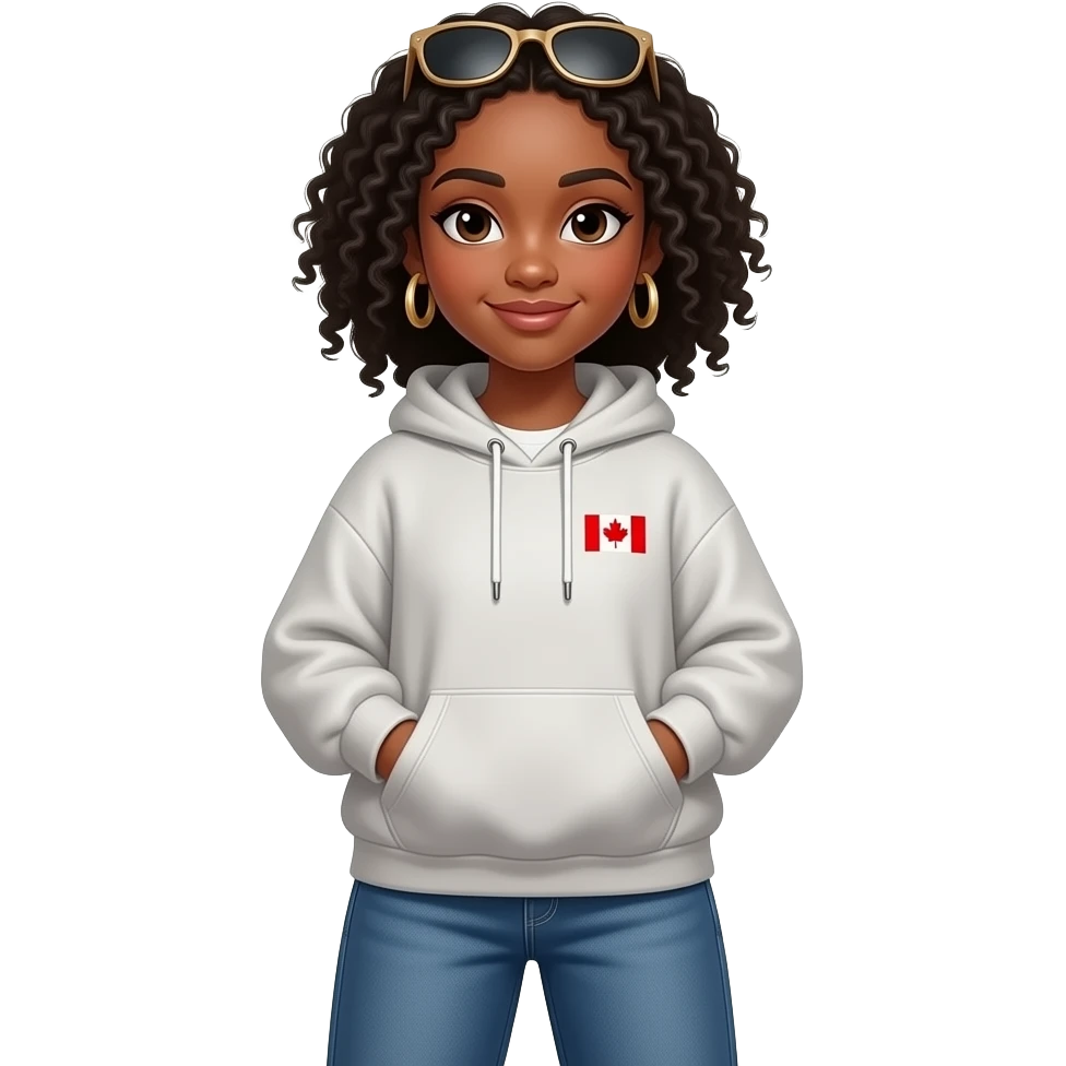 Calm, smart, funny, confident Black Nigerian teen girl  in realistic streetwear (oversized hoodie, baggy jeans, gold earrings, sunglasses on head), relaxed full-body pose, with subtle interests in music, math, science, basketball, reading, fashion, and small Nigerian and Canadian flag details. emoji