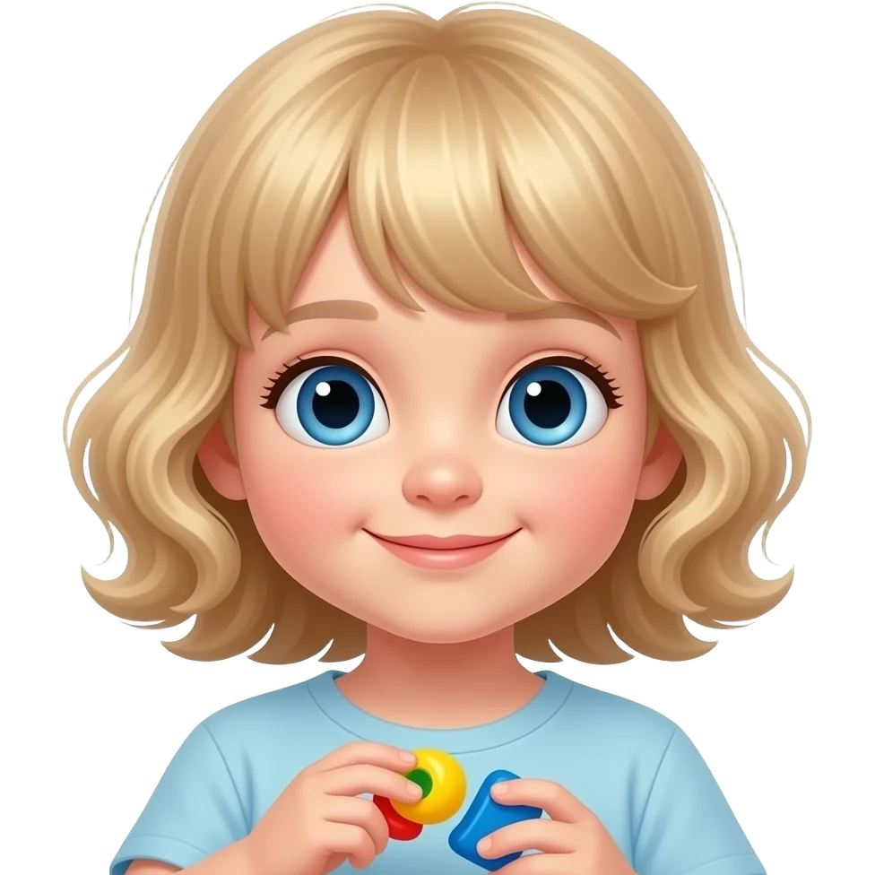 white kid blue eyes mid length hair to shoulders with bangs soft curly hair to shoulders in color: middle to little darker blond. picking  up her toys emoji