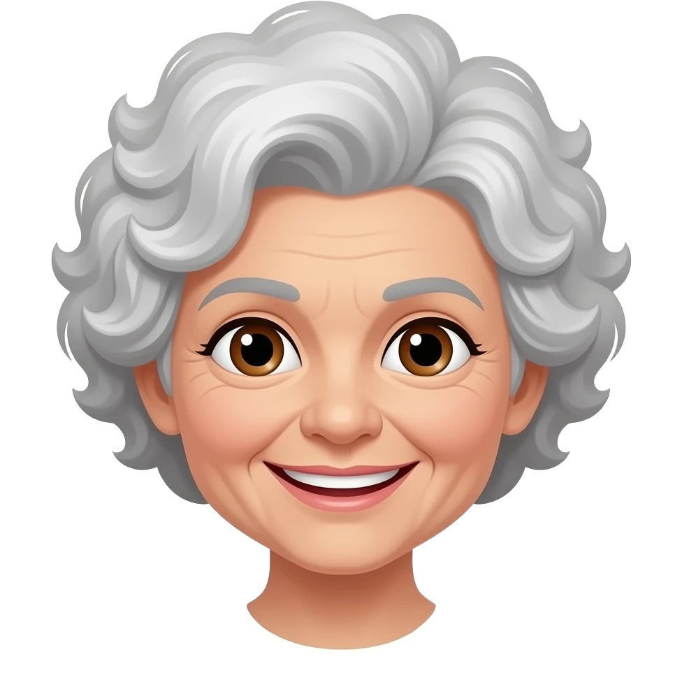 Older woman grey short very curly hair brown eyes smile emoji