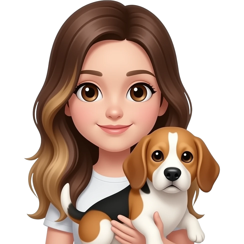 Girl with long brown balayage hair parted on the left side with dark brown eyes and pale skin holding an older beagle with a lot of white on the beagle's head emoji