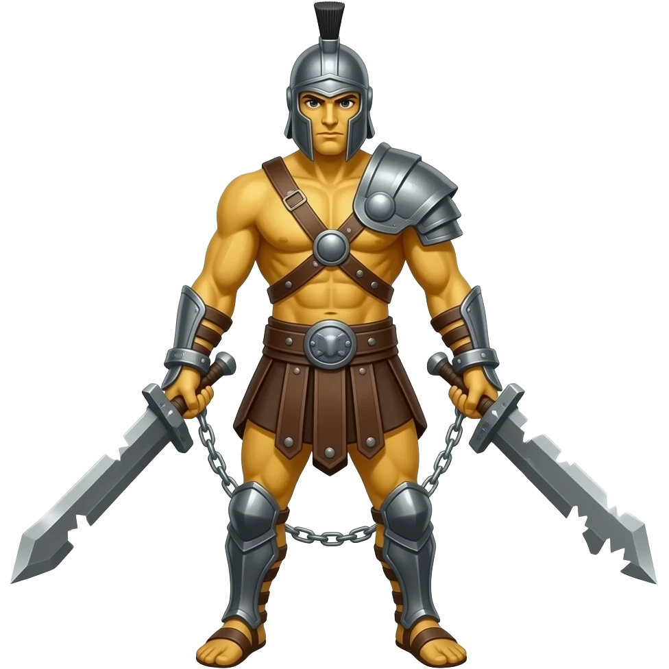 spartacus, minimal, full body, yellow skin, tipical emoji caracter style, more emojis style, more minimal, with weapons, more simplistic, emoji style, shackles on wrist with broken chains emoji