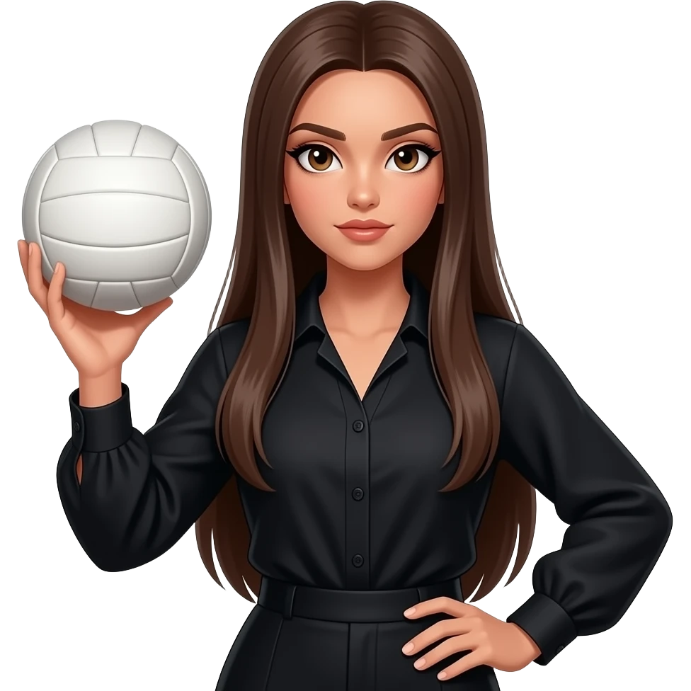 She is not sweet girl Long brown hair girl, light brown eyes and little bit tanned skin she has makeup with black eyeliner and her stare is magnethic. Handle voleyball ball. Her hair is straight and loose, not messy. Hair is extremely long that picture couldn't fit. She wears black elegant blouse emoji