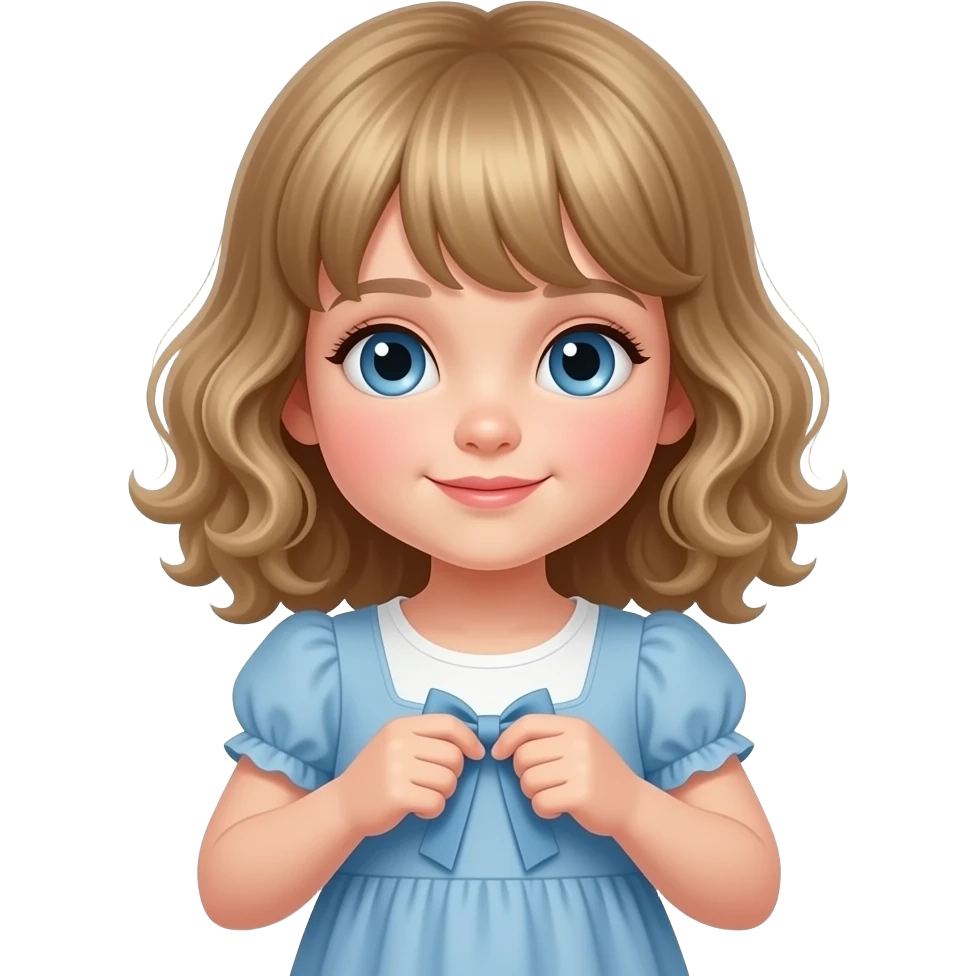 white kid blue eyes mid length with bangs soft curly hair to shoulders in color: middle to little darker blonde, in a dress, putting on clothes emoji