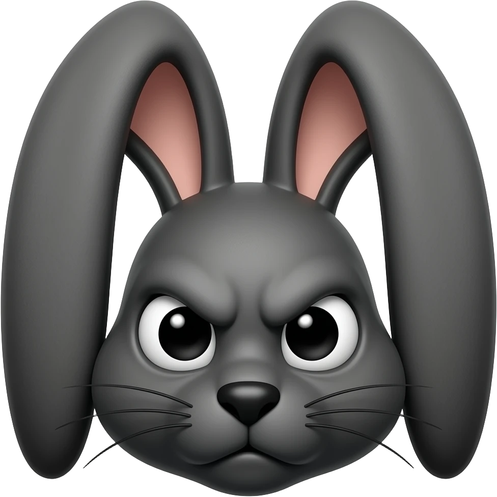 The black rabbit has a wide face with pierced ears, large black eyes and eyebrows, and a stern, tired look emoji