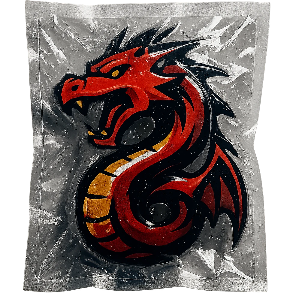 vacuum sealed style dragon, fierce expression, shiny plastic, no text emoji
