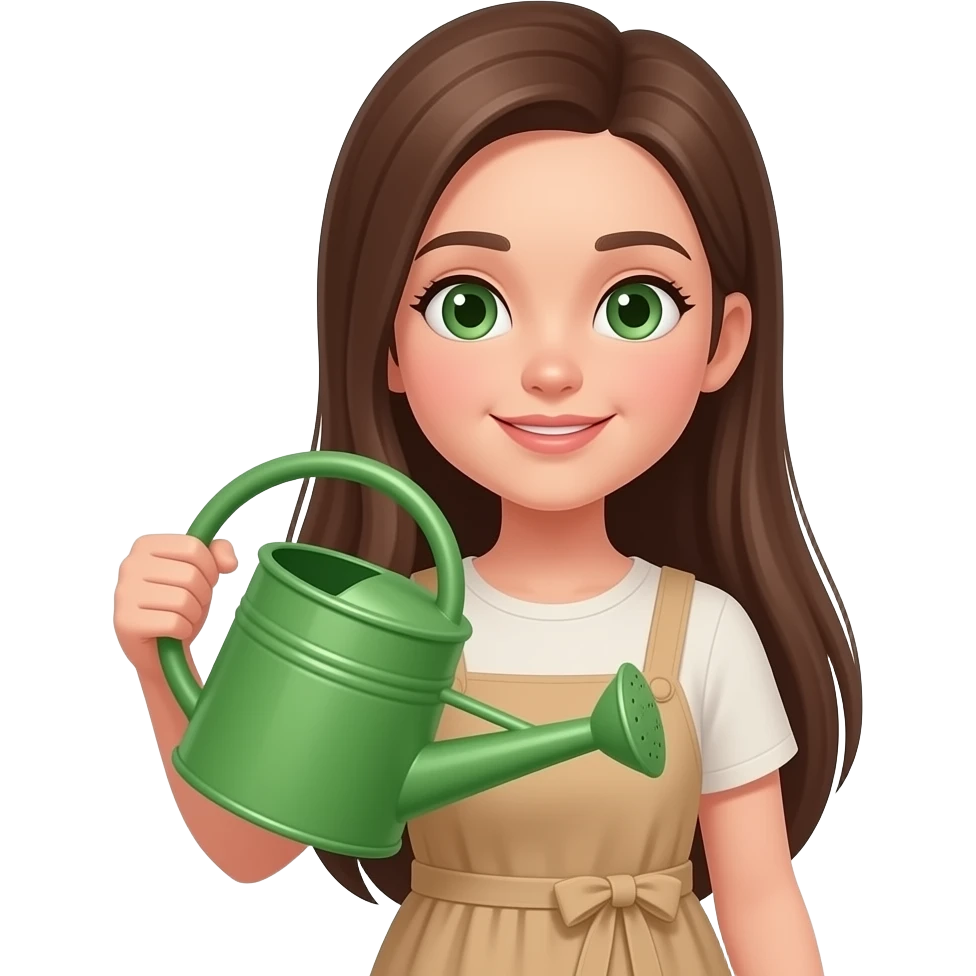 a closeup of a girl without bangs but with long straight brown hair and small proportionate green eyes dressed in a beige casual dress with a green watering thing emoji