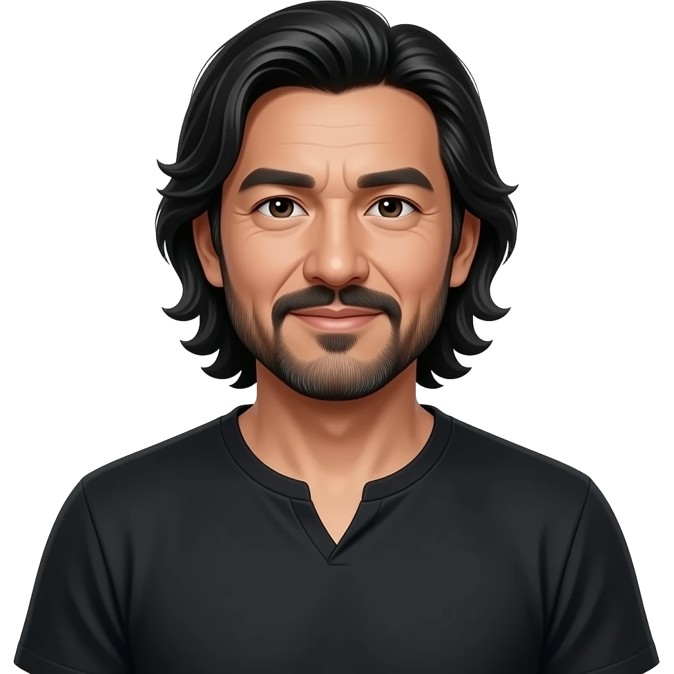 Older Spanish male. 
Asian eyes. 
Angled eyebrows.
Chin strap goatee.
Untucked, loose fitting black t-shirt. 
long black hair.
Peaceful emoji