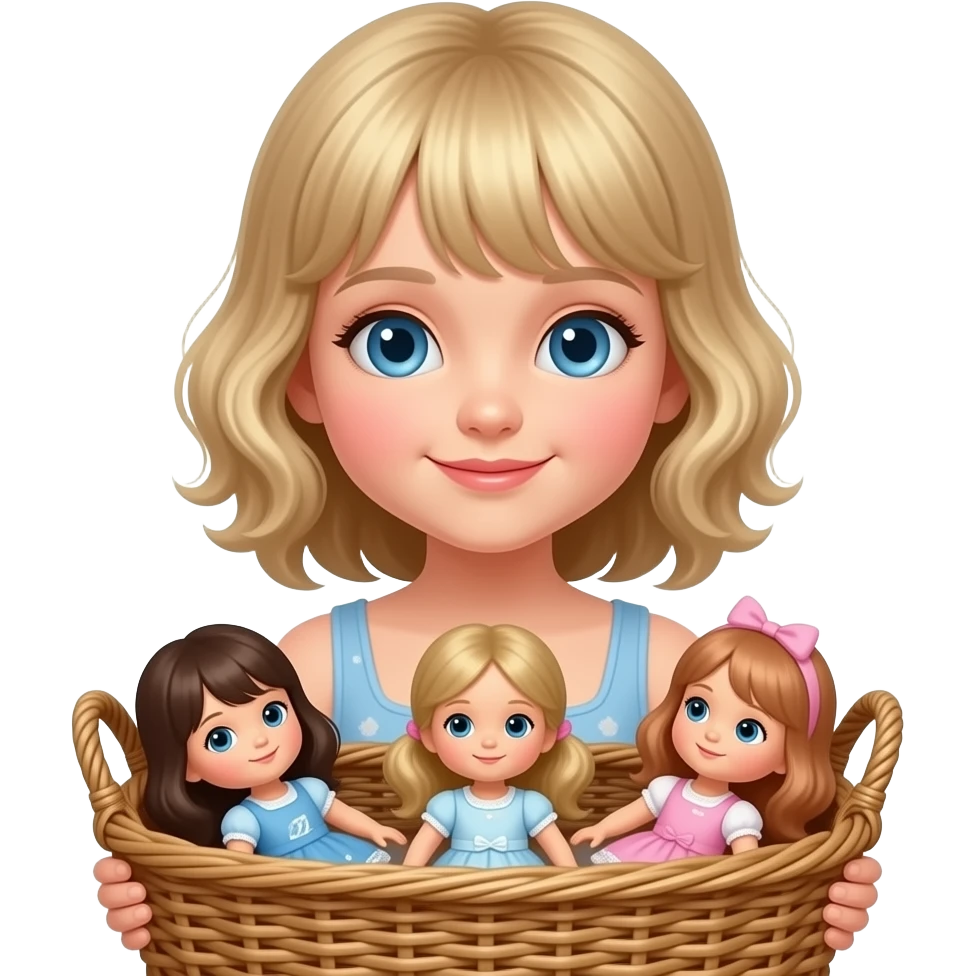 white kid blue eyes mid length with bangs soft curly hair to shoulders in color: middle to little darker blond, puts away dolls in a basket emoji